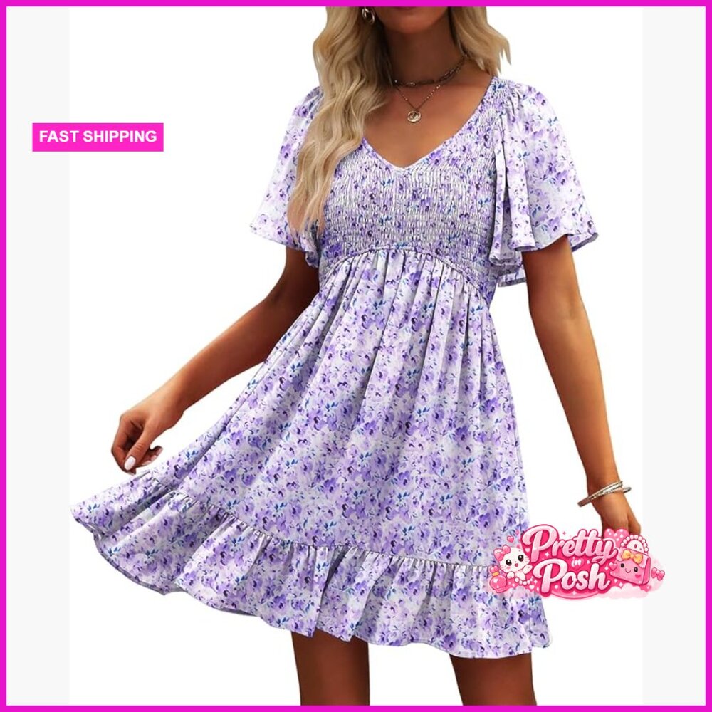 Polyester Blend Smocked V-Neck Flutter Sleeve Sundress With Pockets
